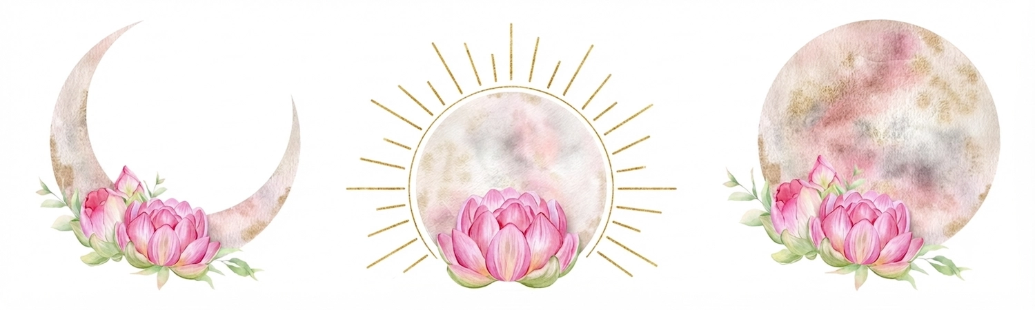 Anette Wolf – Heilpraxis – Drei Aquarellmotive mit rosa Pfingstrosen, kombiniert mit einem Halbmond, einer Sonne mit goldenen Strahlen und einem Vollmond.