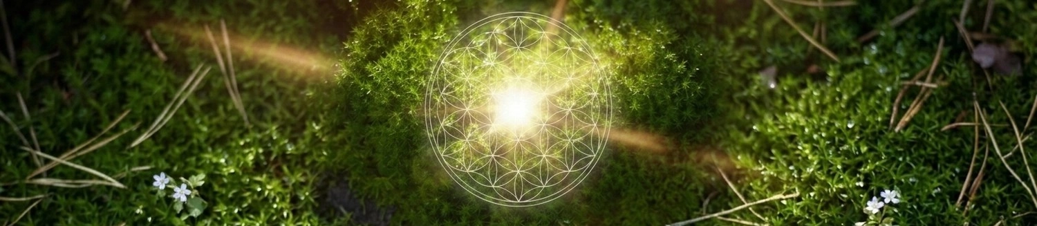 Anette Wolf – Heilpraxis – Ein leuchtendes Symbol der heiligen Geometrie, die „Blume des Lebens“, schwebt über üppigem grünem Moos, durch das Sonnenstrahlen scheinen, und um das herum winzige weiße Blüten verstreut sind.