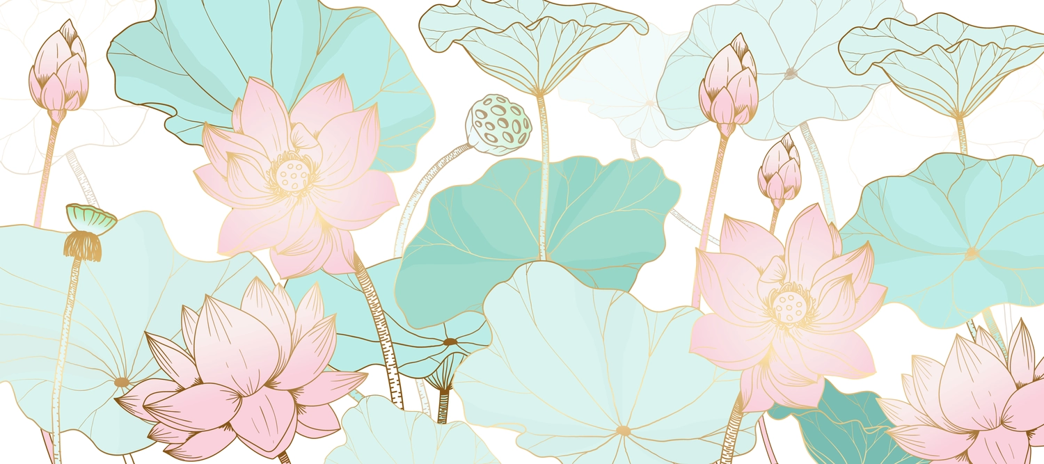 Anette Wolf – Heilpraxis – Eine elegante Illustration mit rosa Lotusblüten, mintgrünen Seerosenblättern und Knospen mit zarten goldenen Linien auf hellem Hintergrund.