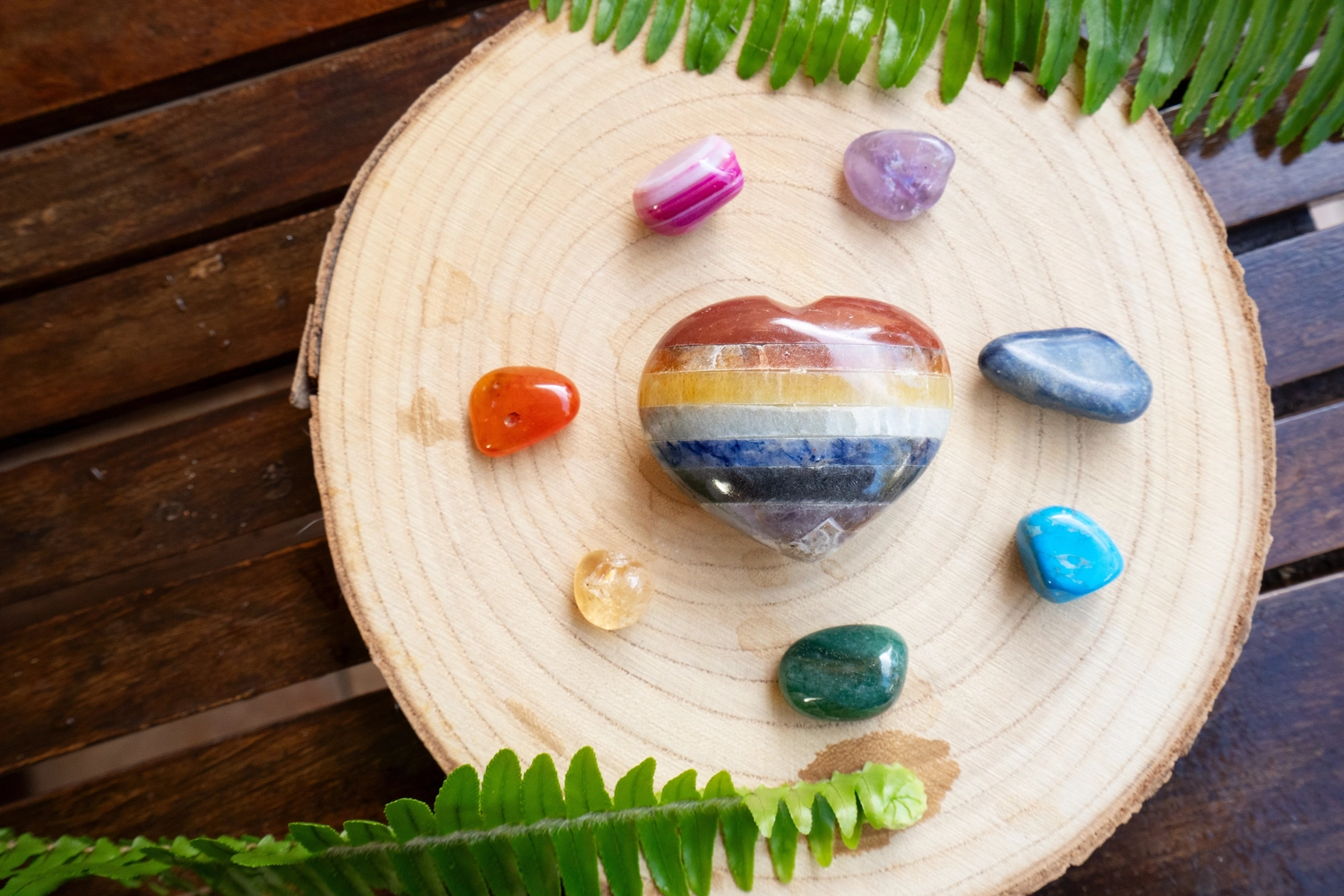 Anette Wolf – Heilpraxis – Ein herzförmiger Regenbogenkristall befindet sich in der Mitte einer Holzscheibe, umgeben von sieben kleineren farbigen Steinen und eingerahmt von grünen Farnblättern.